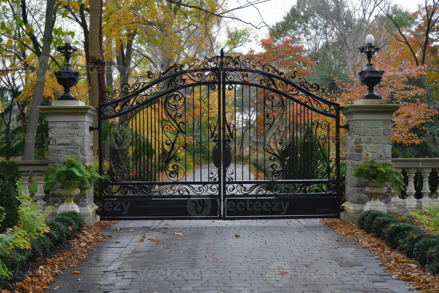 Ornate wrought iron gate protecting a luxury home in autumn photo