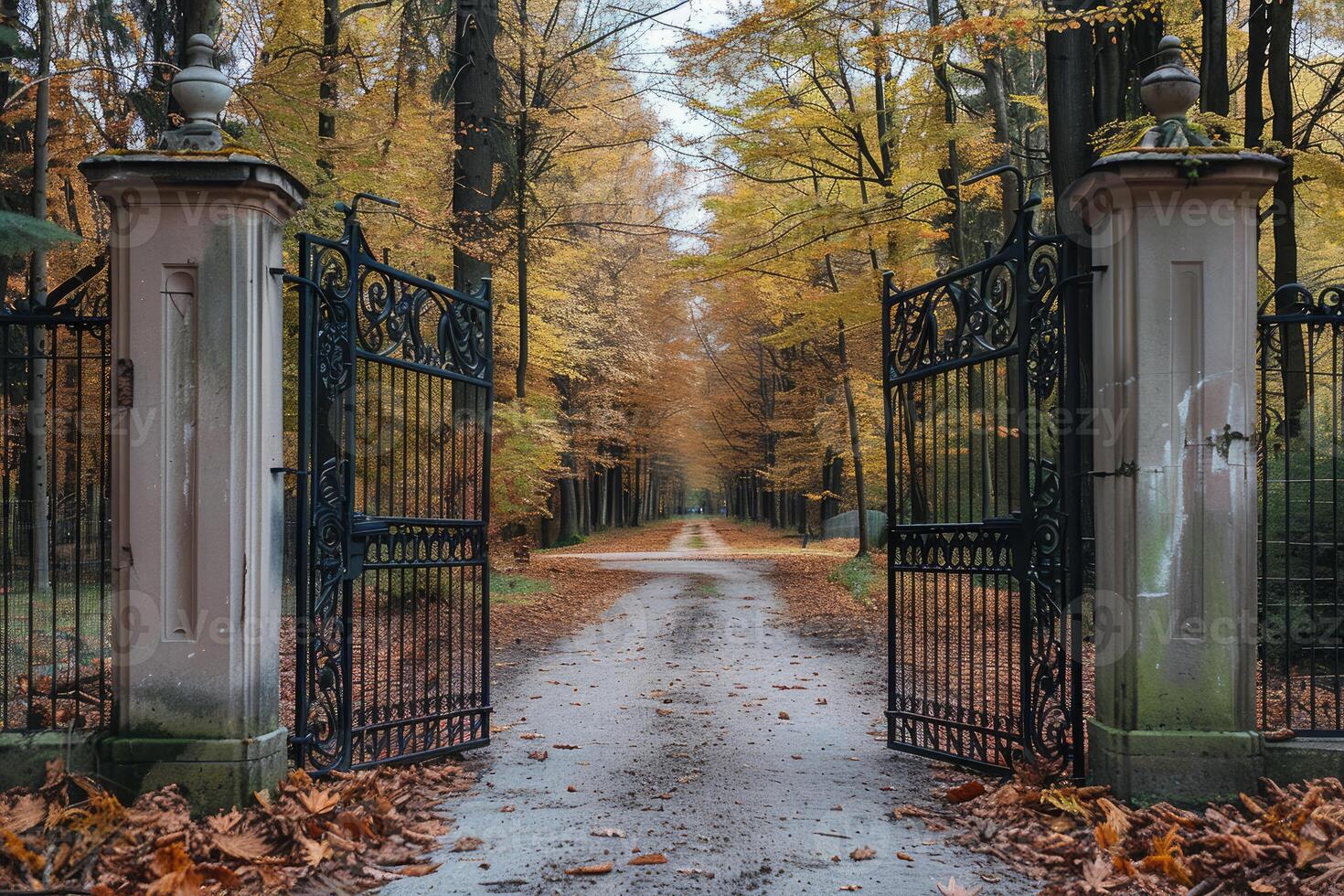 Open wrought iron gate opening onto country road in autumn photo