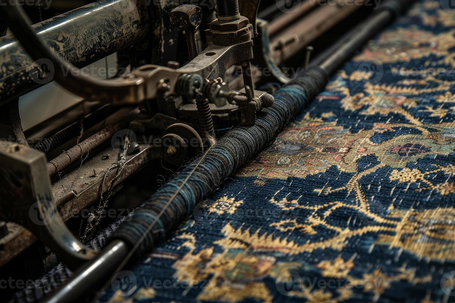 Antique rug making machine weaving an intricate pattern with blue and gold thread photo