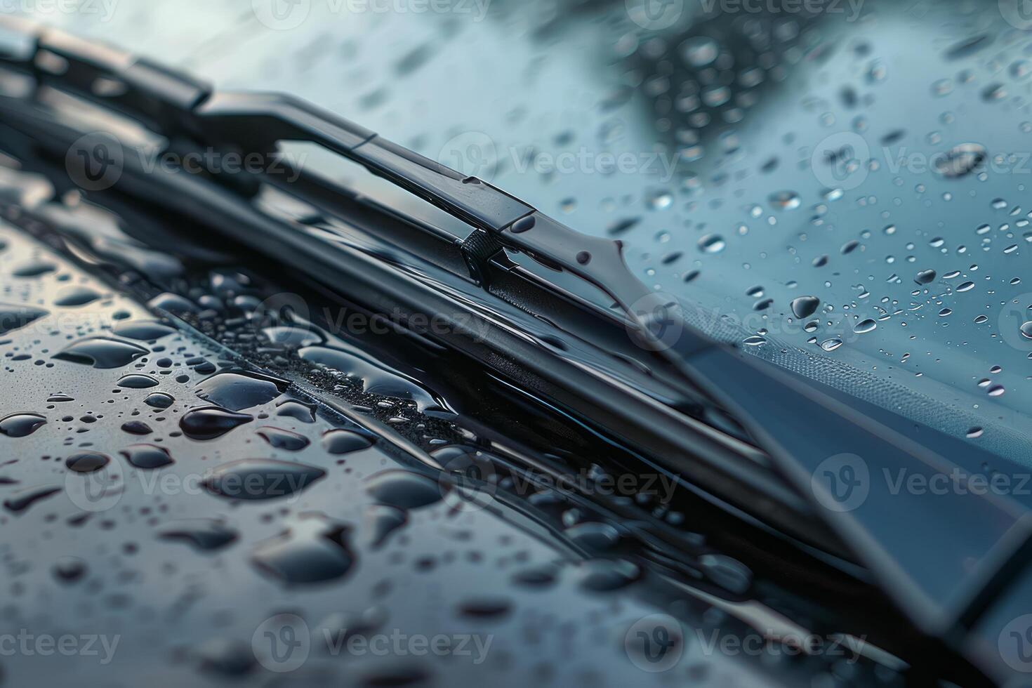 Windshield wiper wiping raindrops from car windshield photo