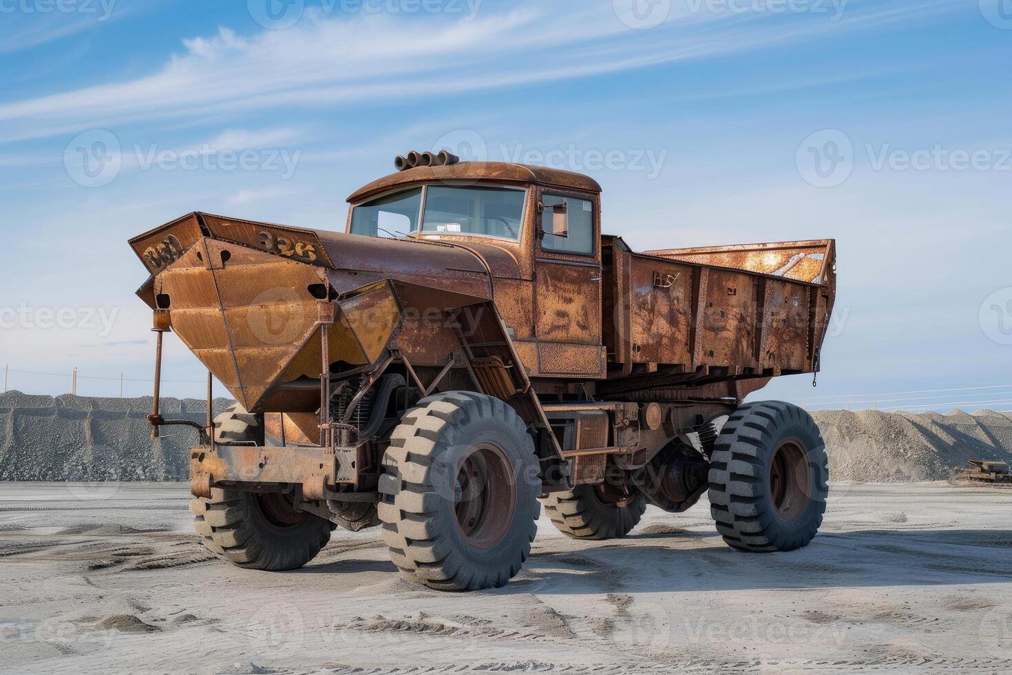 Old rusty abandoned dump truck sitting in a gravel pit photo