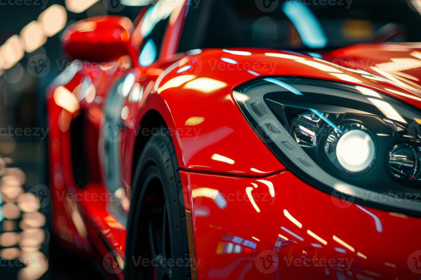 Red sportscar parked inside showroom being displayed under bright lights photo