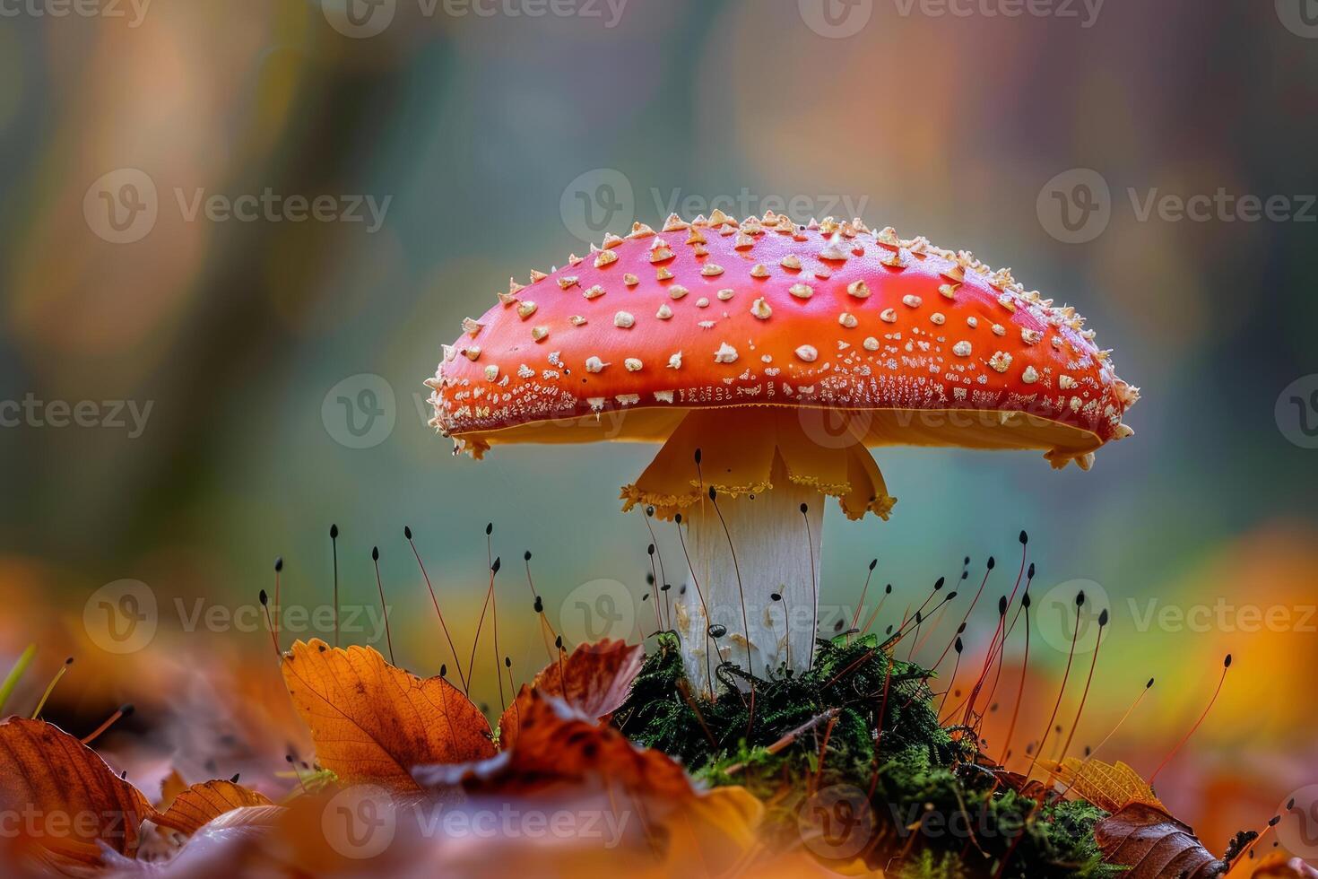 Red and white fly agaric mushroom growing on mossy forest floor photo