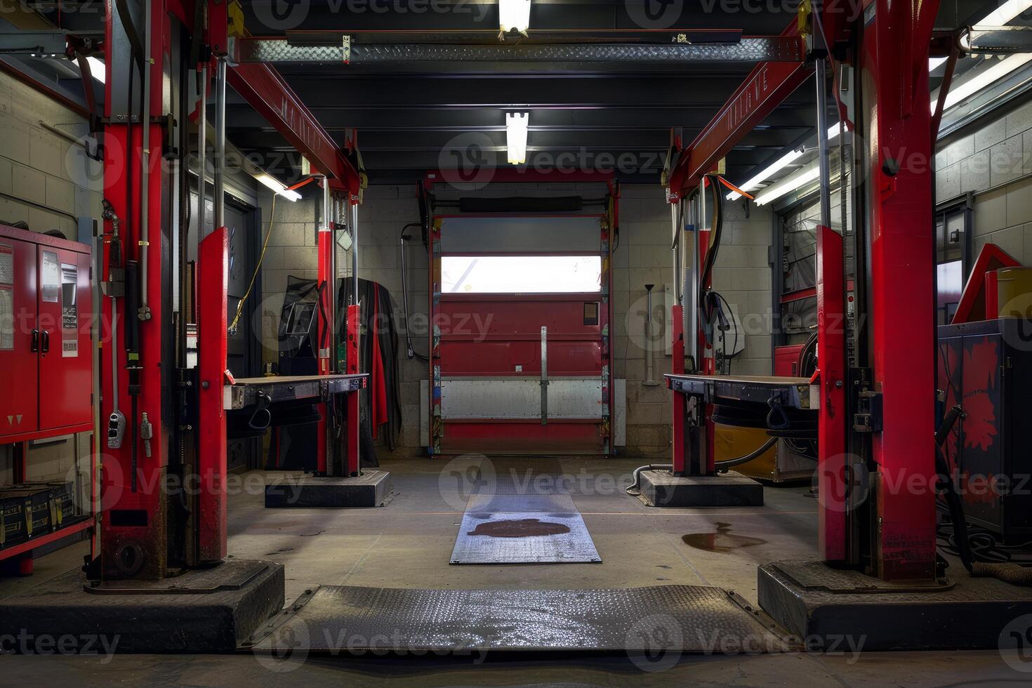 Empty car service station with hydraulic lifts and open garage door photo