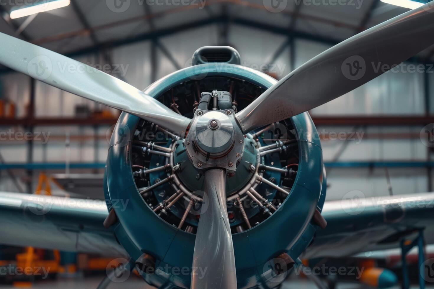 Powerful propeller engine of a blue airplane being restored in a hangar photo
