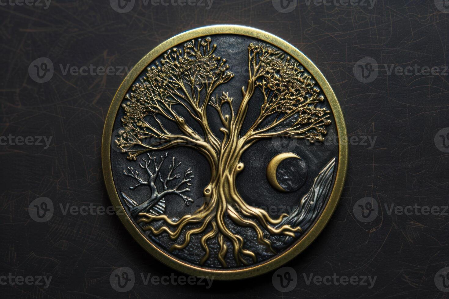Golden tree of life symbol embossed on a round medallion photo