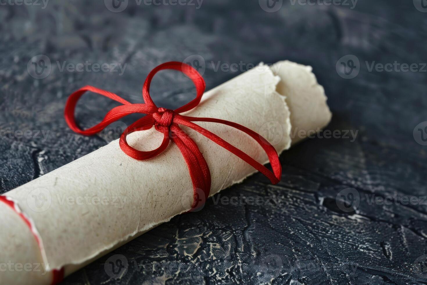 White paper scroll tied with red ribbon on black grunge background photo