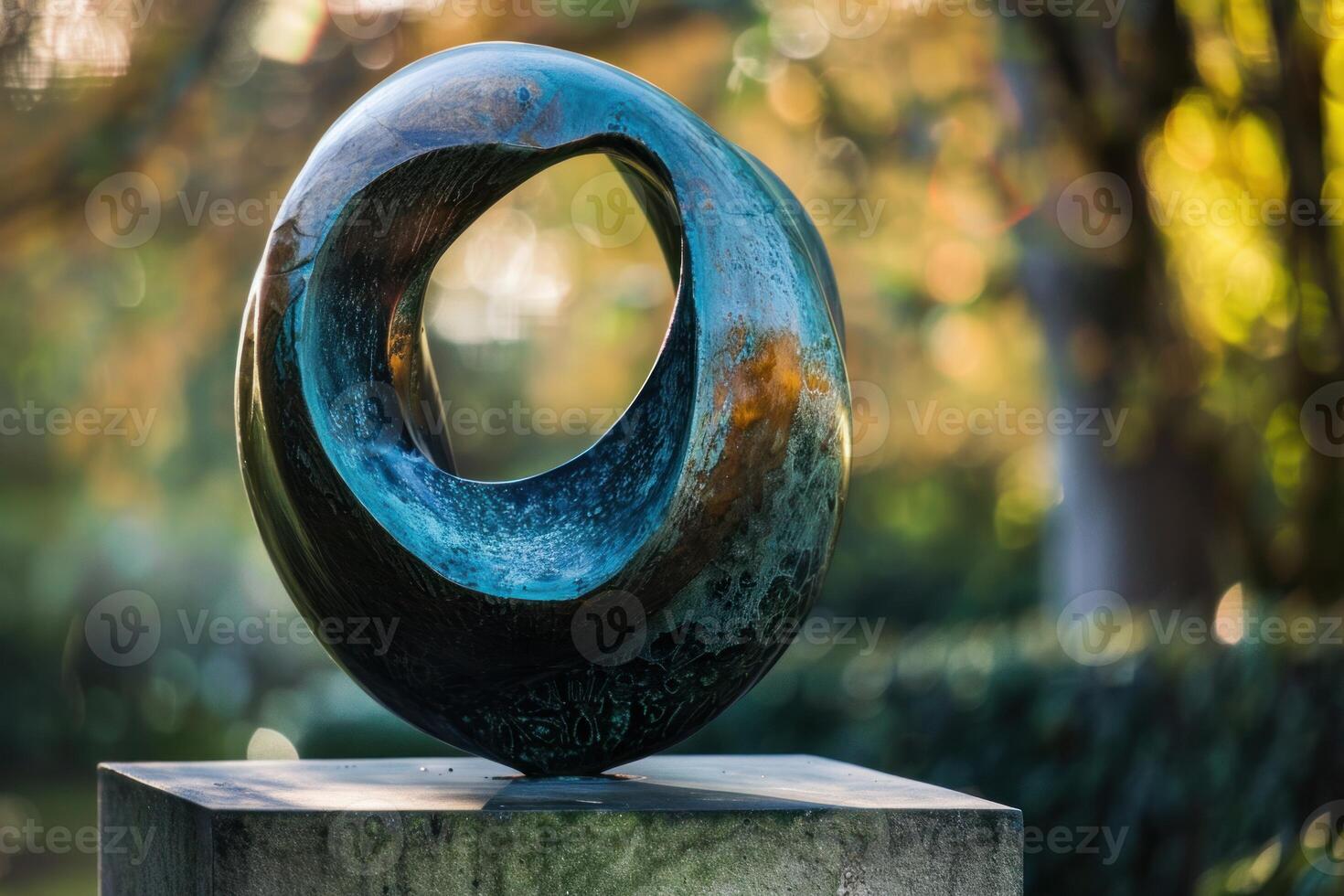 Modern abstract metal sculpture standing on stone pedestal in park photo