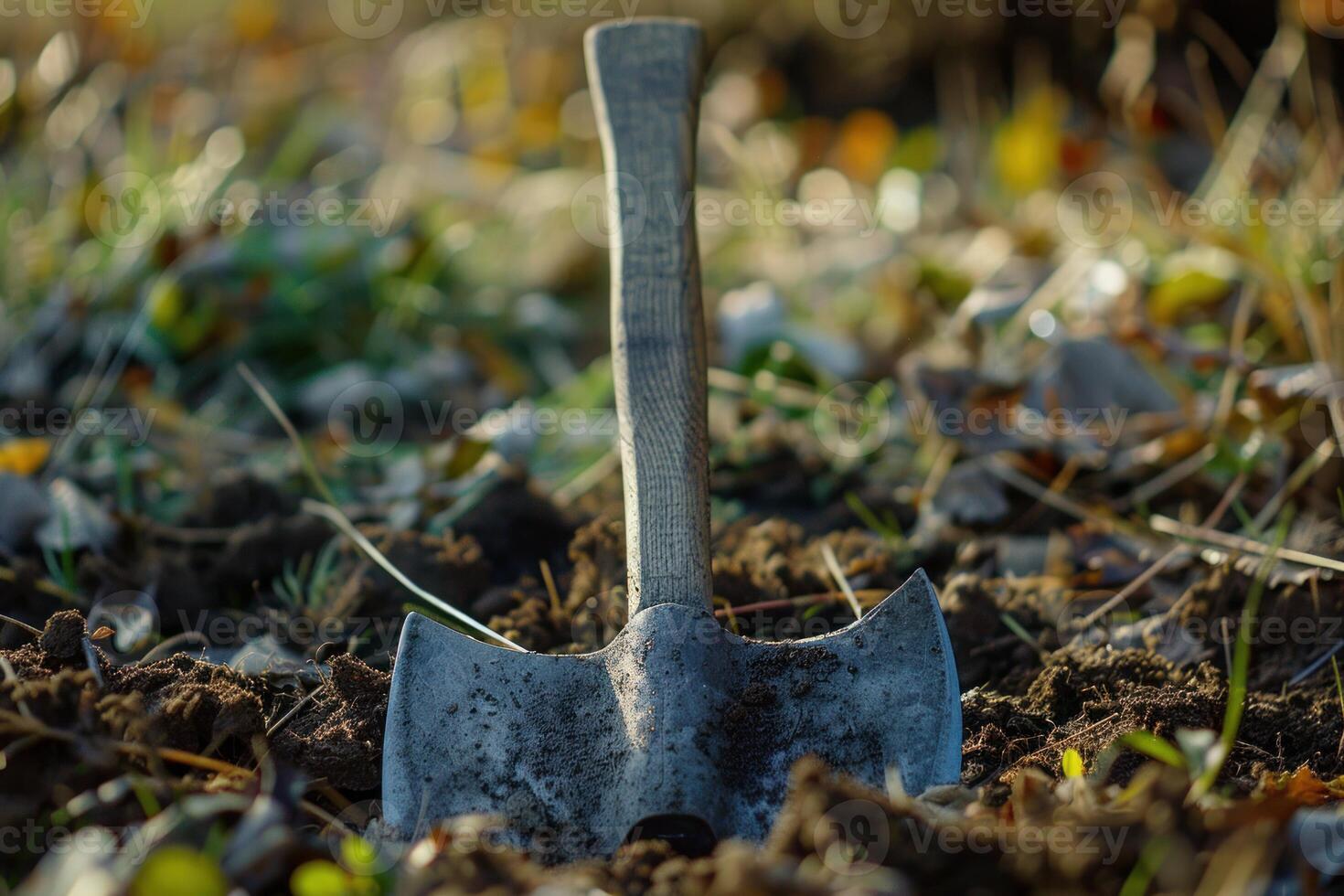 Double bit axe sticking out of the ground in autumn photo