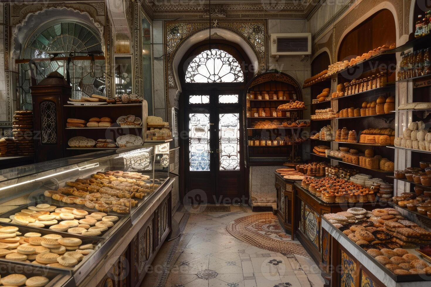 Traditional portuguese bakery shop interior with assortment of pastries displayed on wooden shelves photo