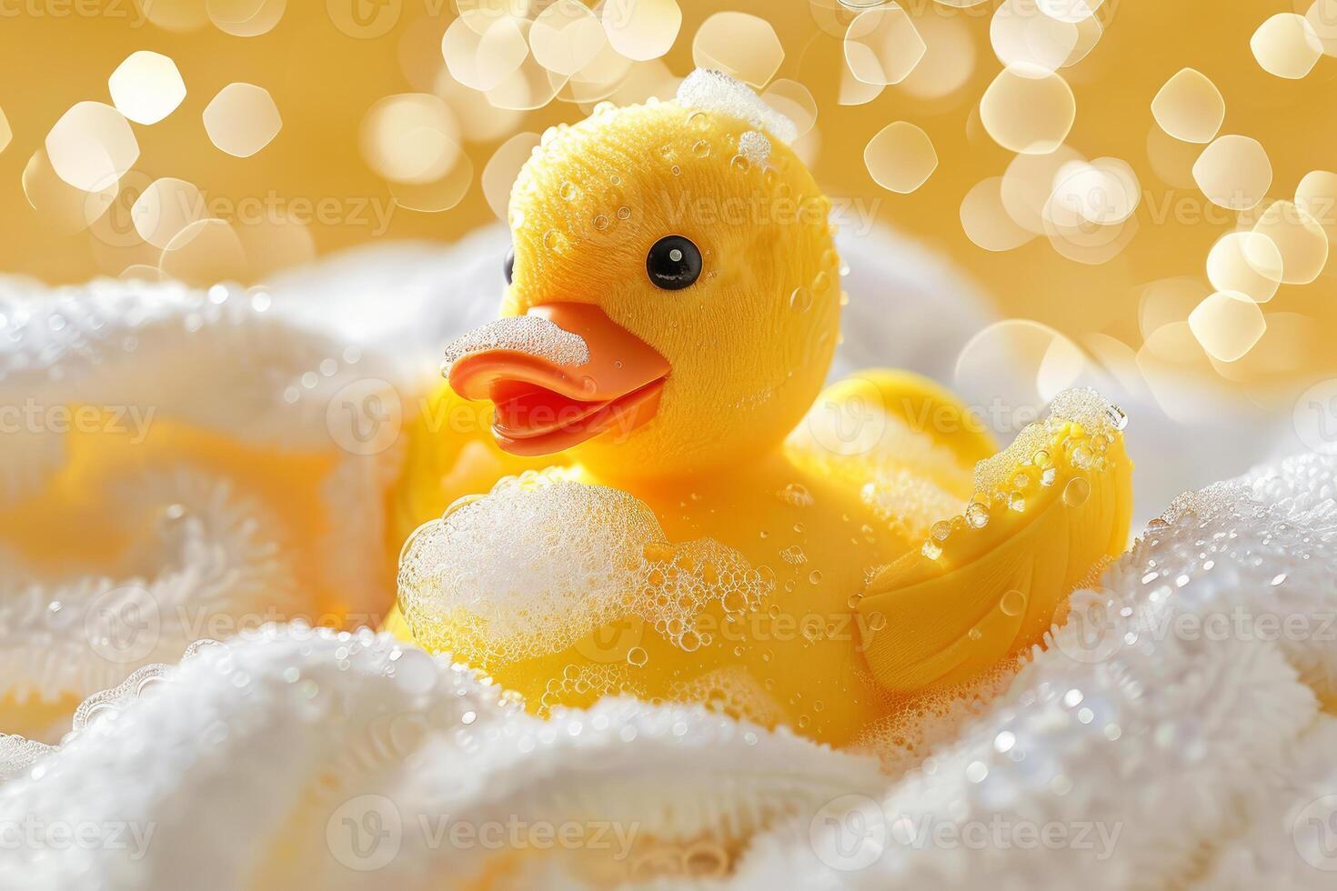 Yellow rubber duck covered in soap suds relaxing in a bubble bath photo