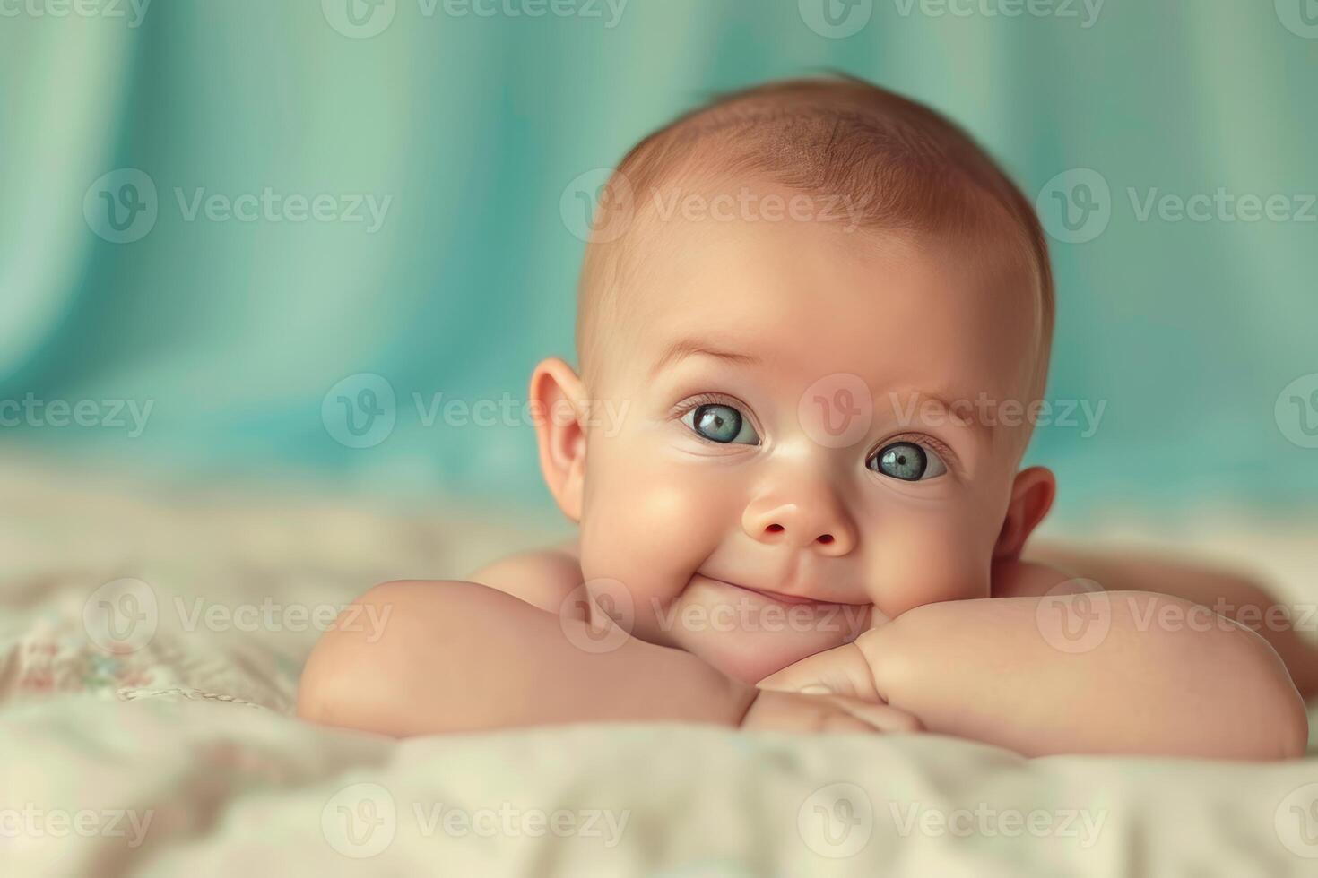 Adorable baby smiling and lying on stomach on blanket photo
