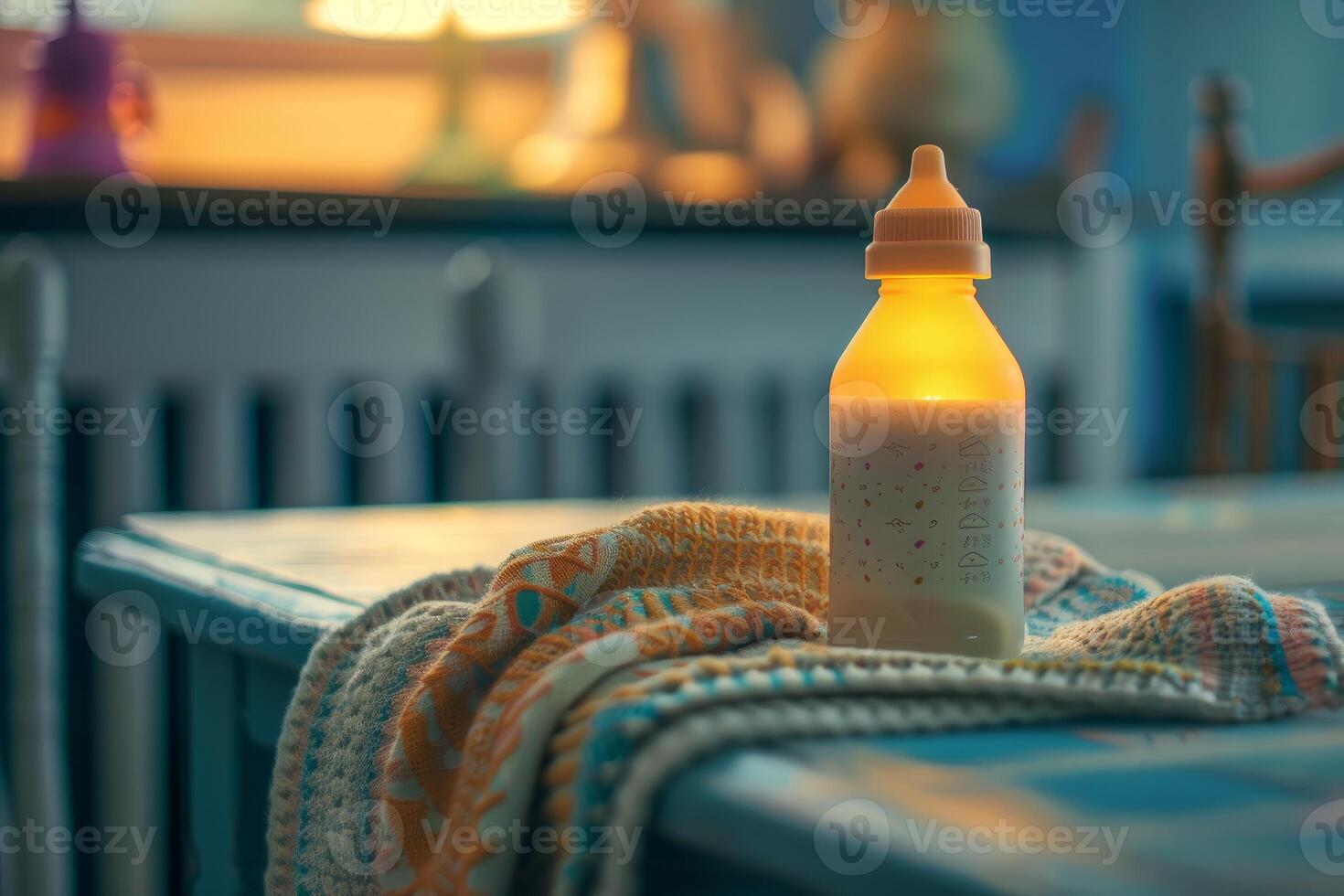Baby bottle glowing on a table in a cosy nursery photo