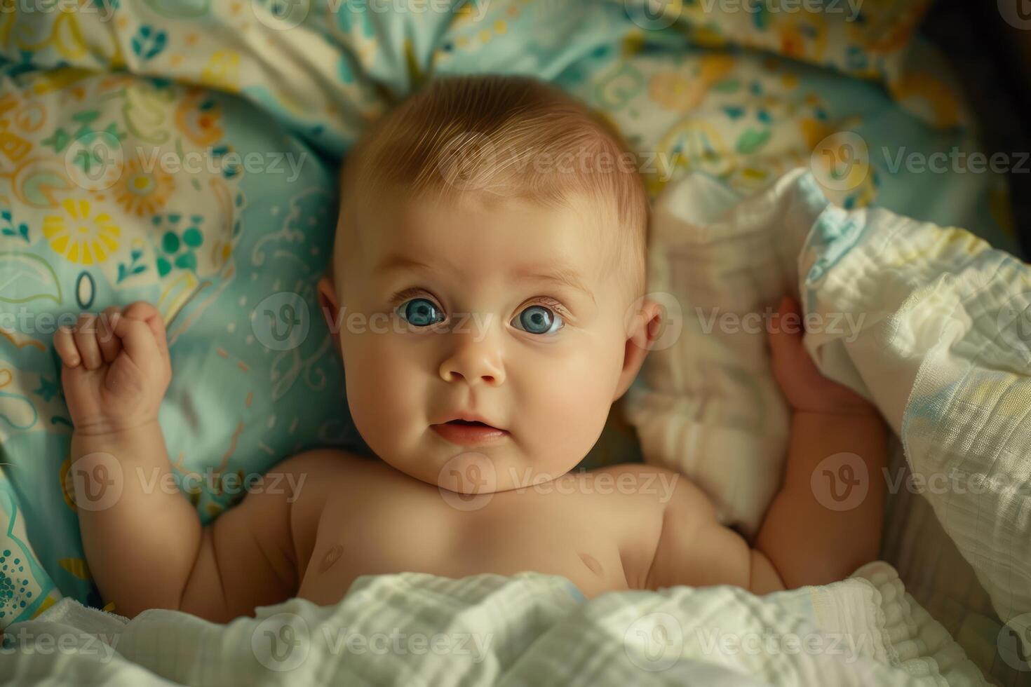 Adorable baby lying on back and looking up with big blue eyes photo