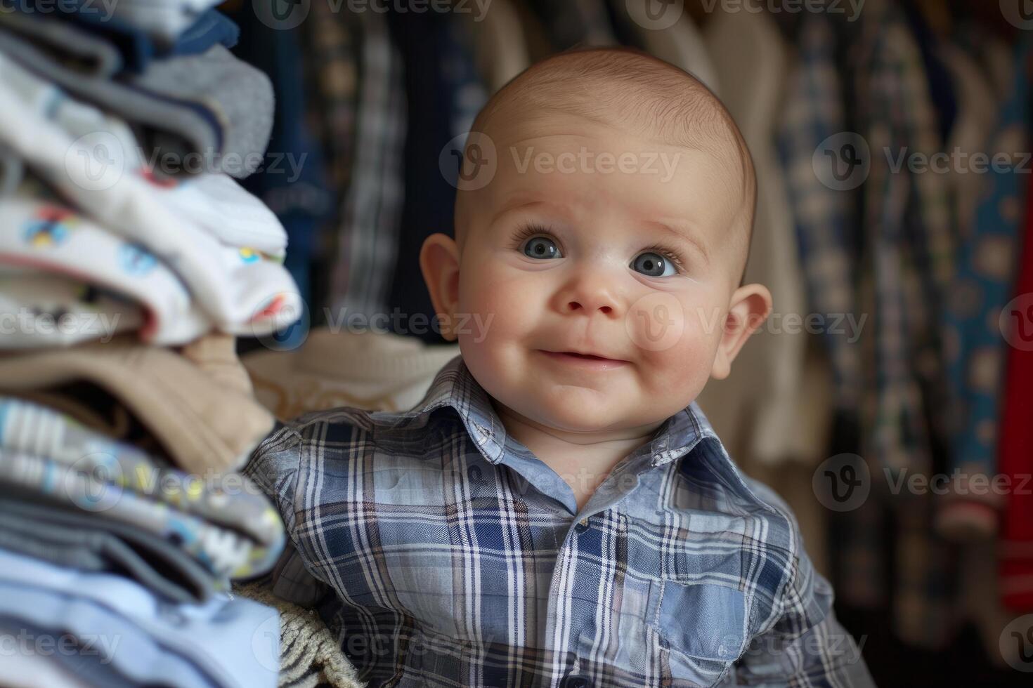 Adorable baby boy smiling and sitting near a pile of clothes photo