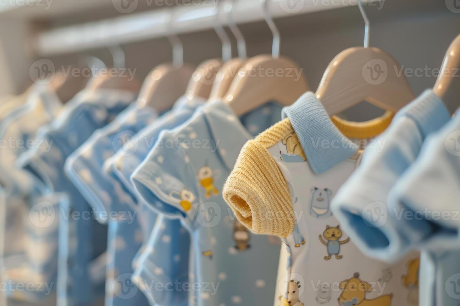 Baby boy clothes hanging on a clothes rack photo