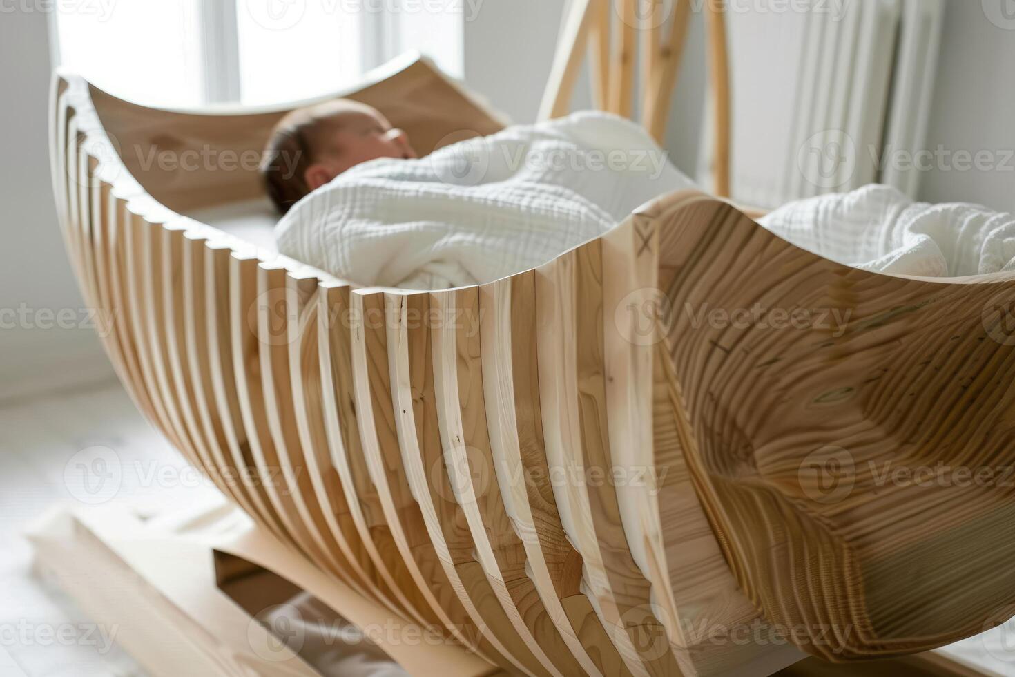 Newborn baby sleeping peacefully in wooden crib shaped like boat photo