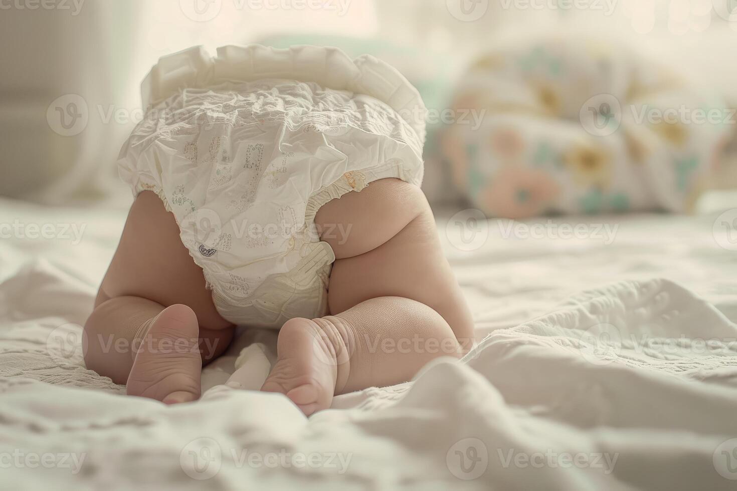 Baby crawling on bed wearing diaper photo