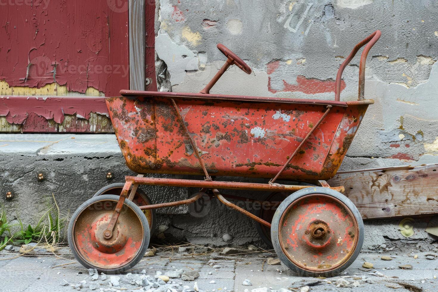 Old red toy wagon rusting outside building photo