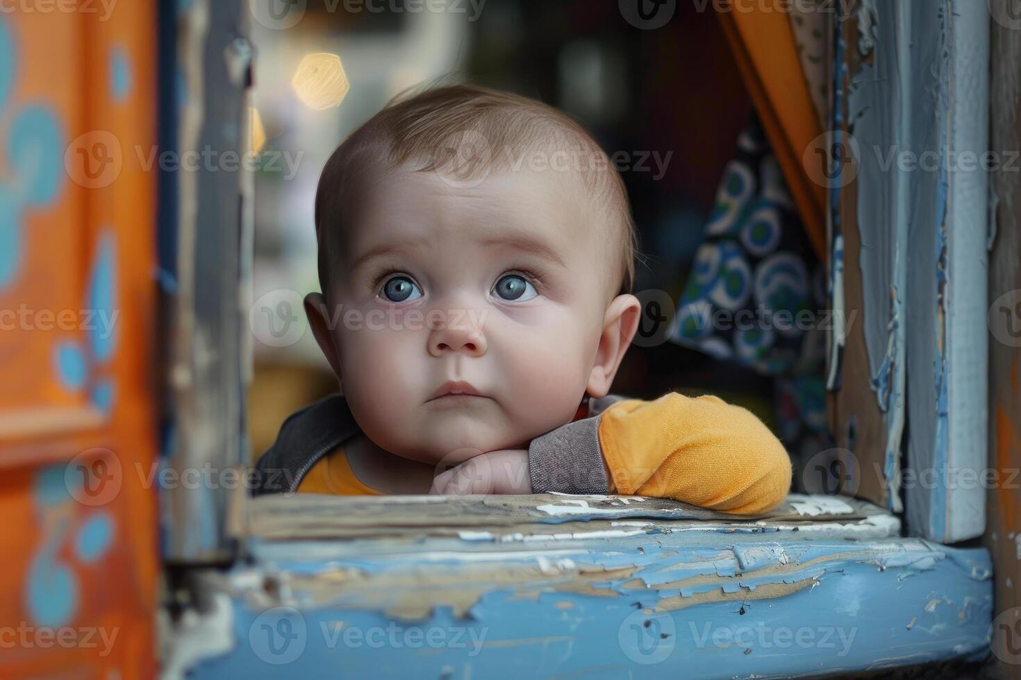 Adorable baby looking out of a rustic window photo