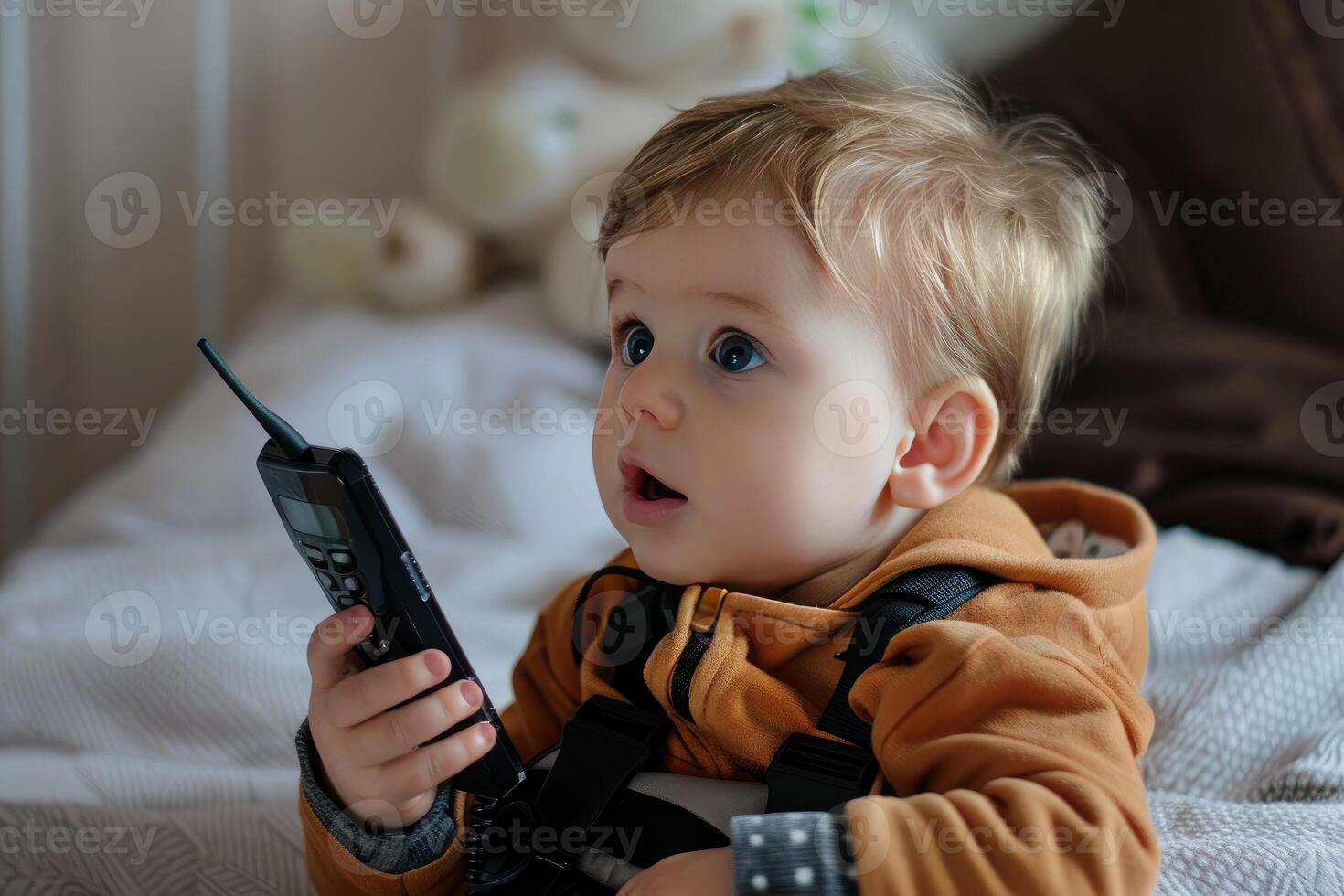 Cute surprised baby boy holding old phone looking away photo
