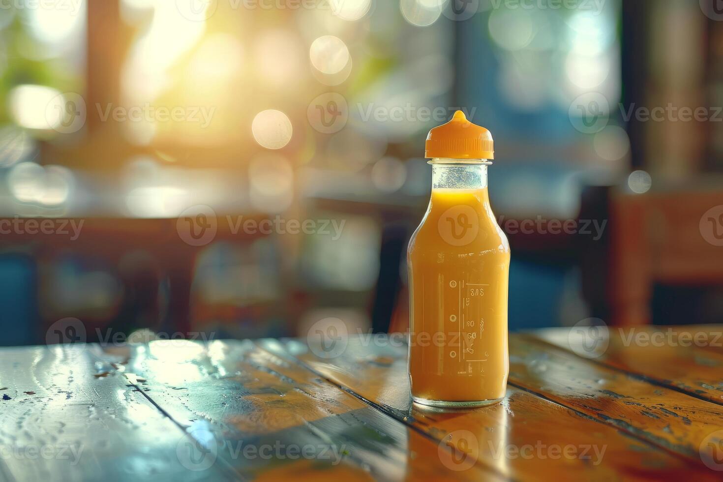 Bottle of orange juice sitting on a table in a cafe photo