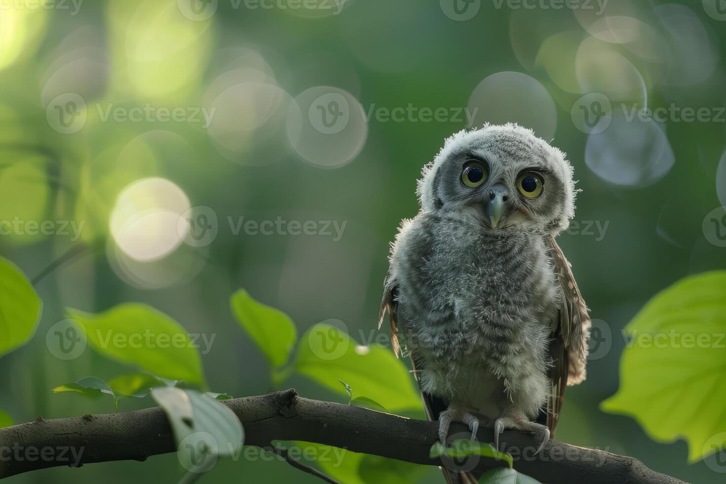 Baby long eared owl perched on branch in forest photo