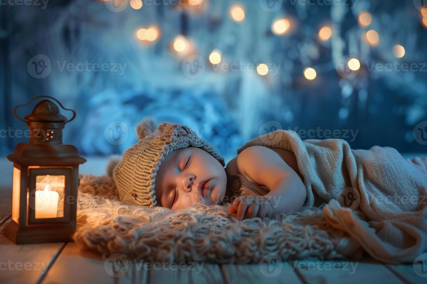 Baby sleeping peacefully on a sheepskin with a lantern nearby photo