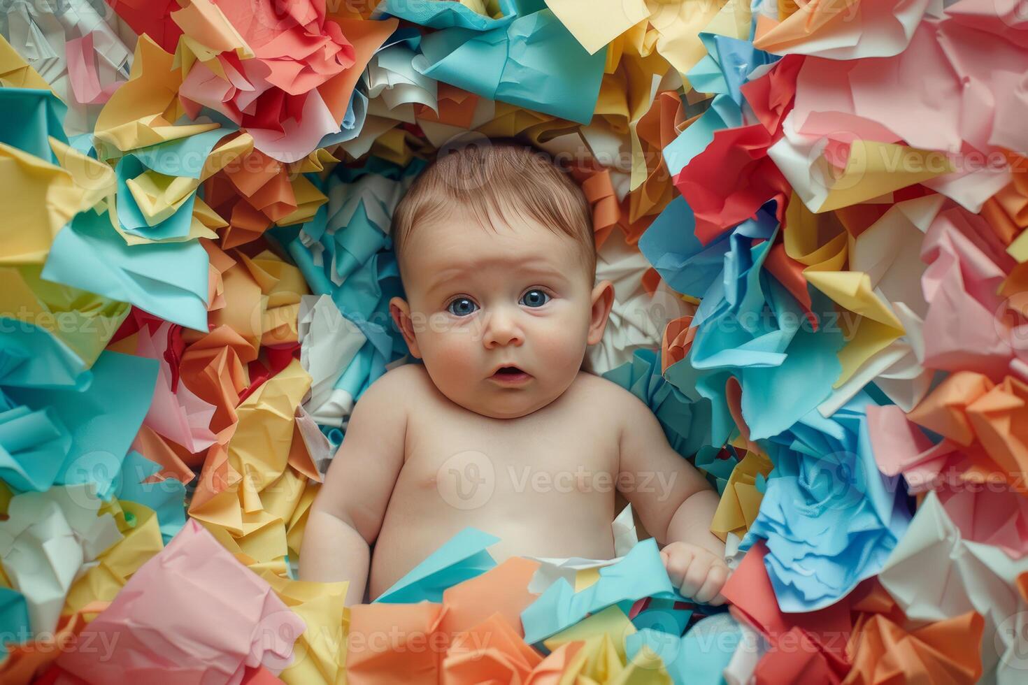 Cute baby lying surrounded by colorful crumpled paper, looking up with curiosity photo