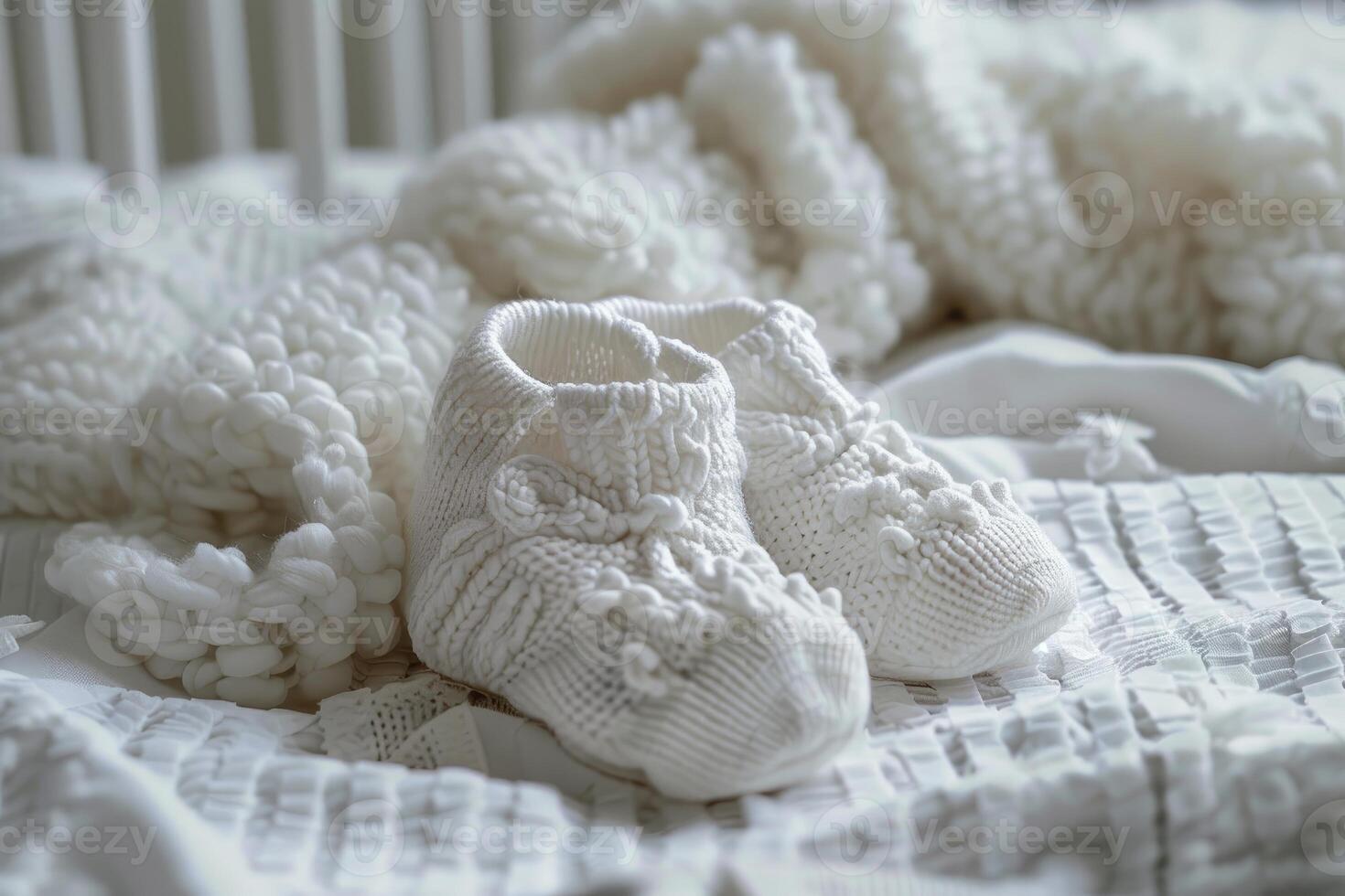 Pair of handmade white knitted baby booties lying on soft blanket photo