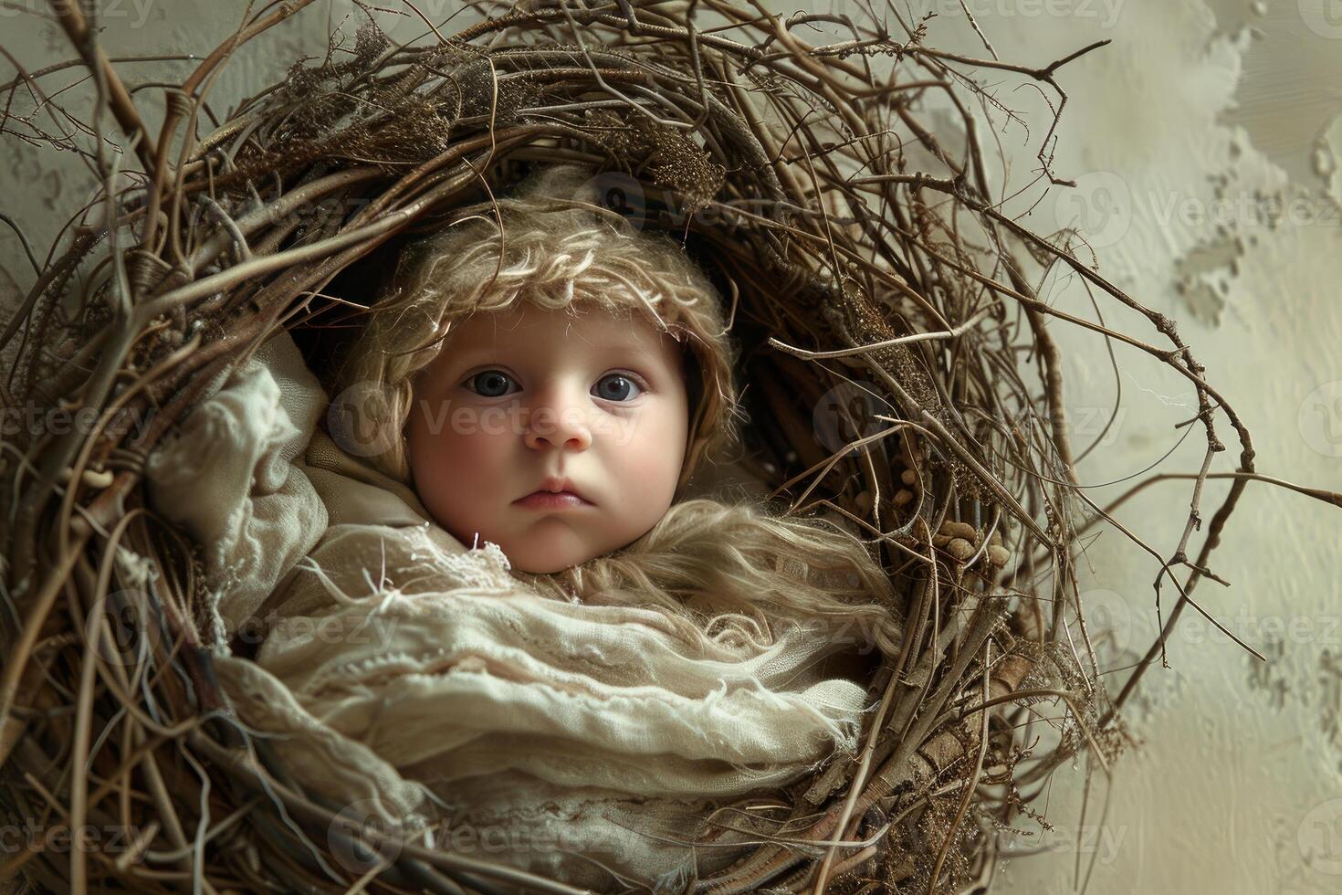 Adorable baby lying in a wicker basket looking directly at viewer photo