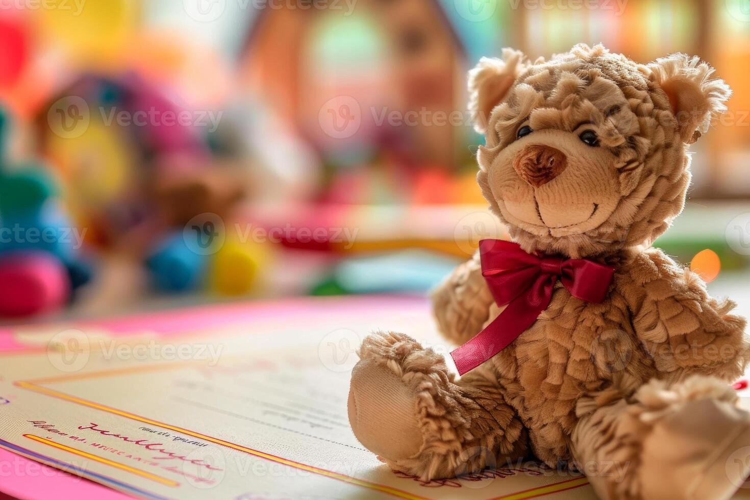Teddy bear sitting on kindergarten diploma with colorful background photo