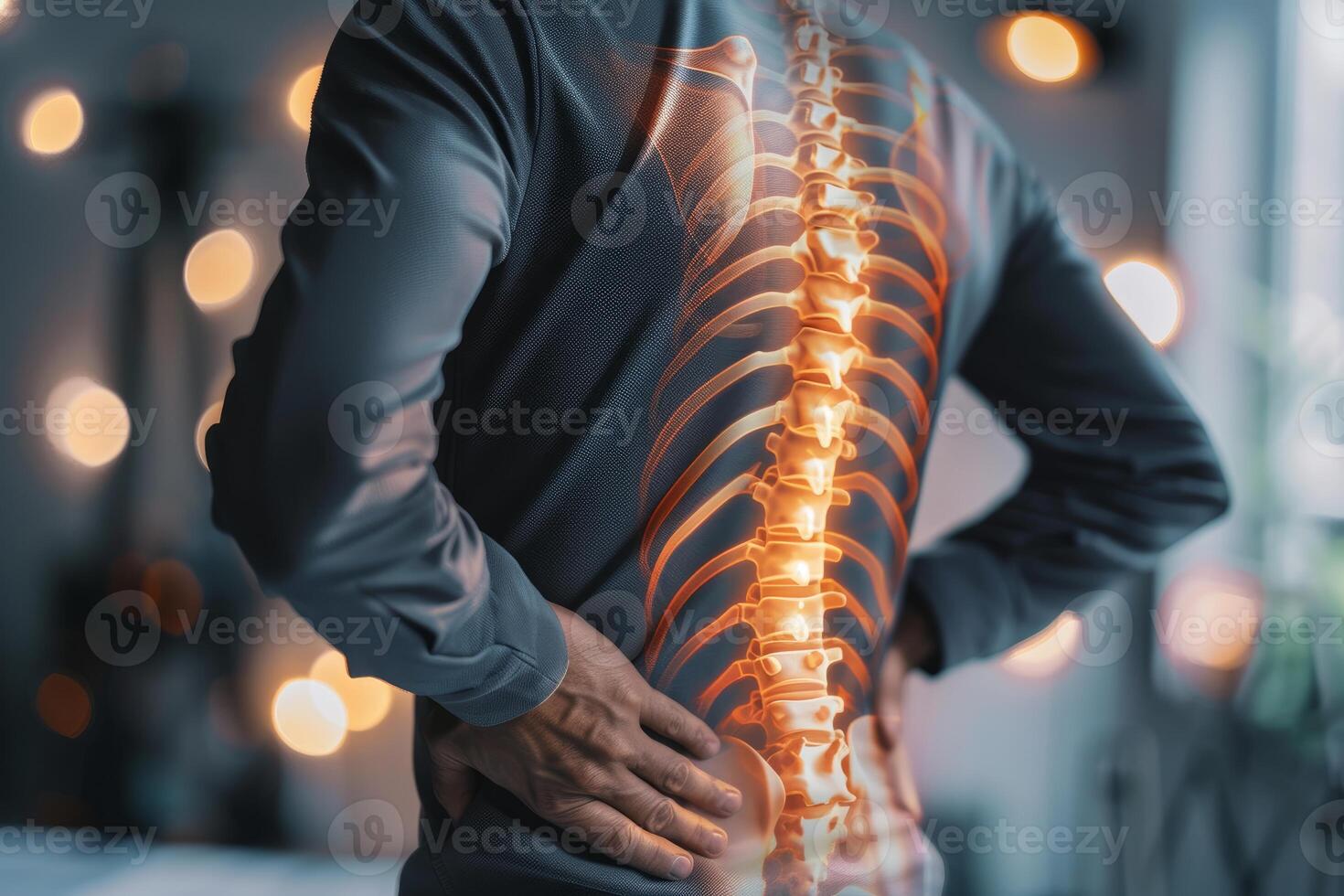 Man suffering from back pain with spine x ray highlighted photo