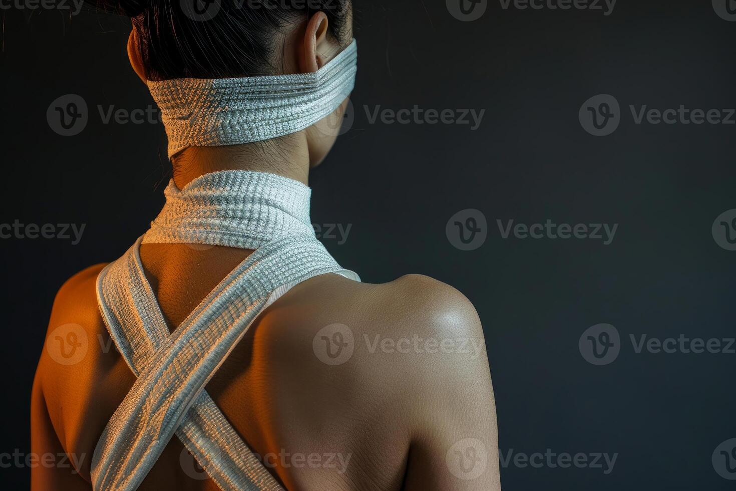 Woman wearing white straps showing her back posing in studio photo