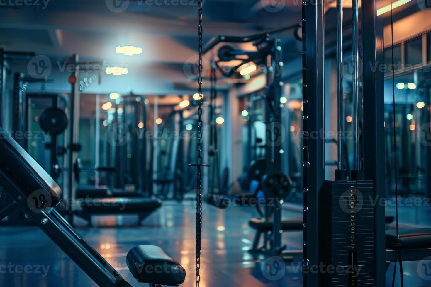 Empty gym with weights and exercise equipment at twilight photo