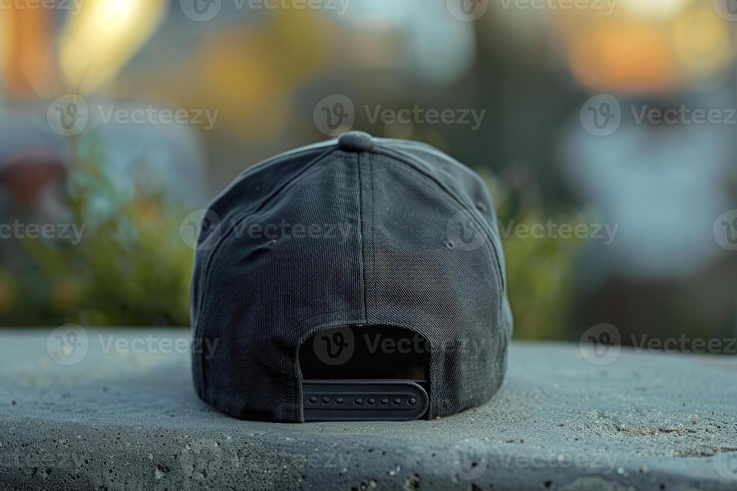 Black baseball cap sitting on concrete ledge with blurred background photo