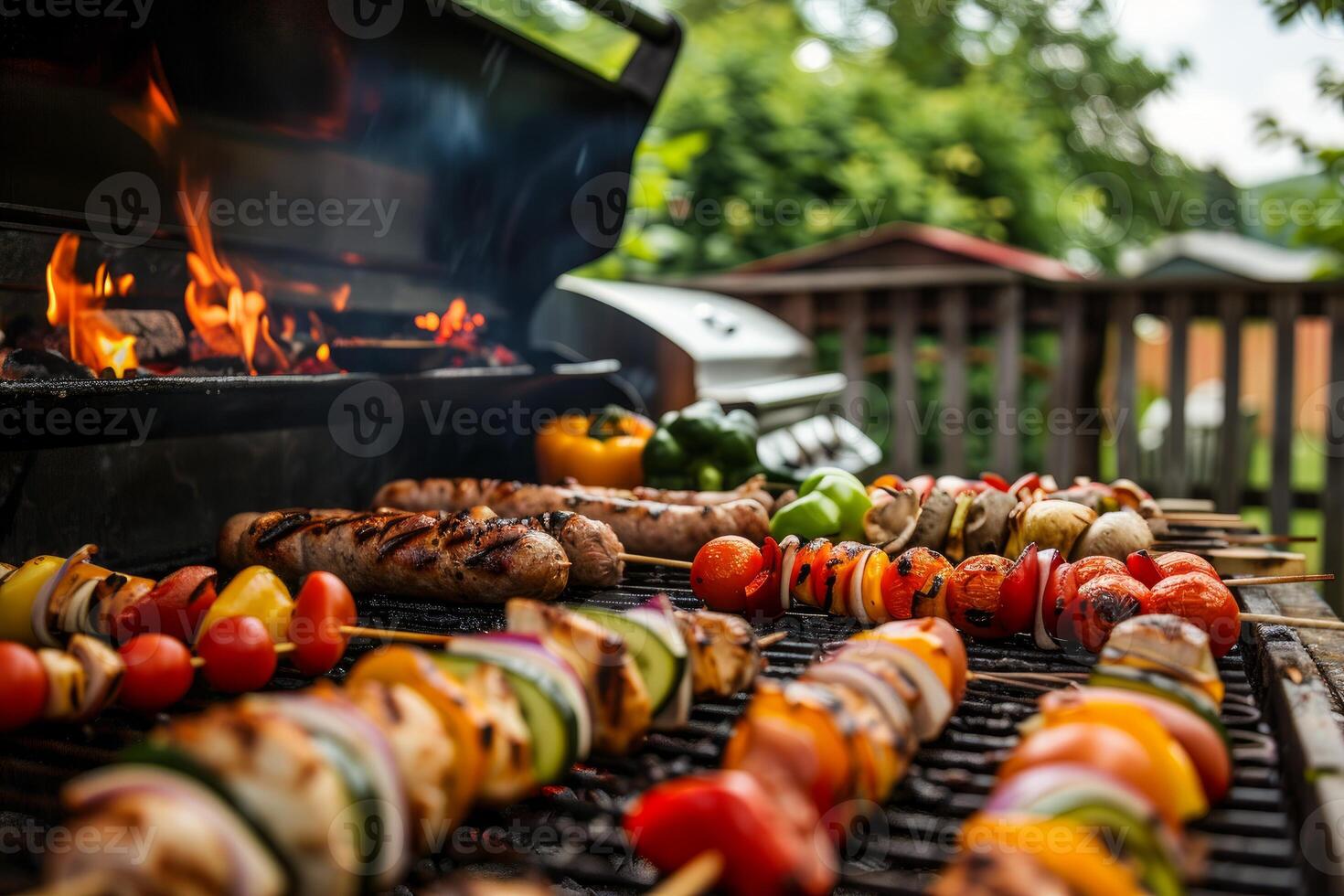 Delicious sausages and vegetables grilling on barbecue for summer party photo