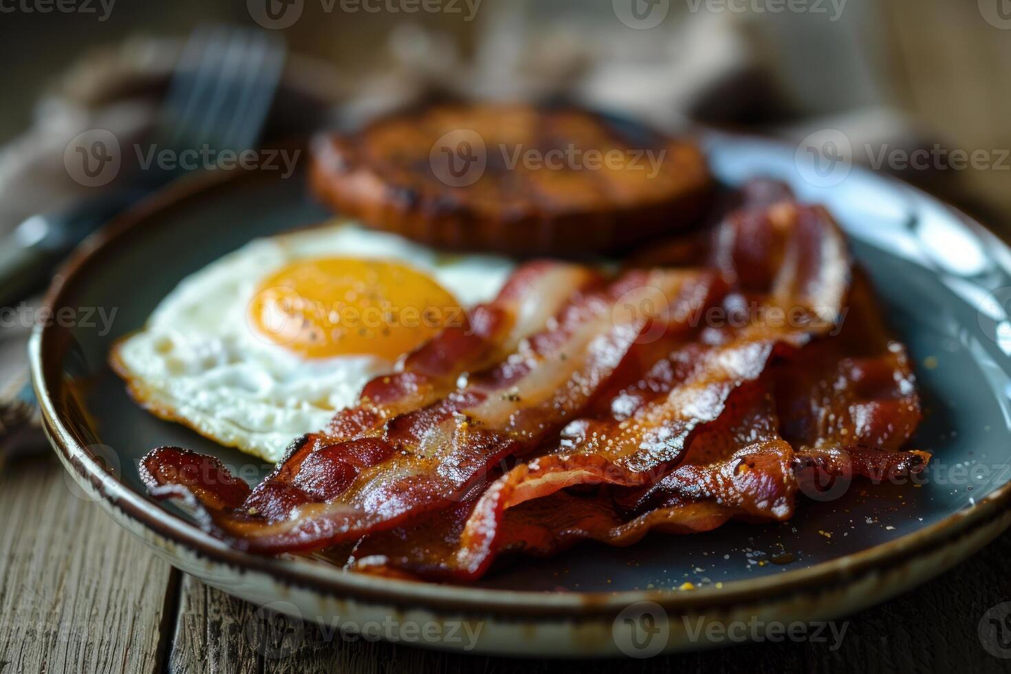 Delicious crispy bacon and fried egg served for breakfast with potatoes photo