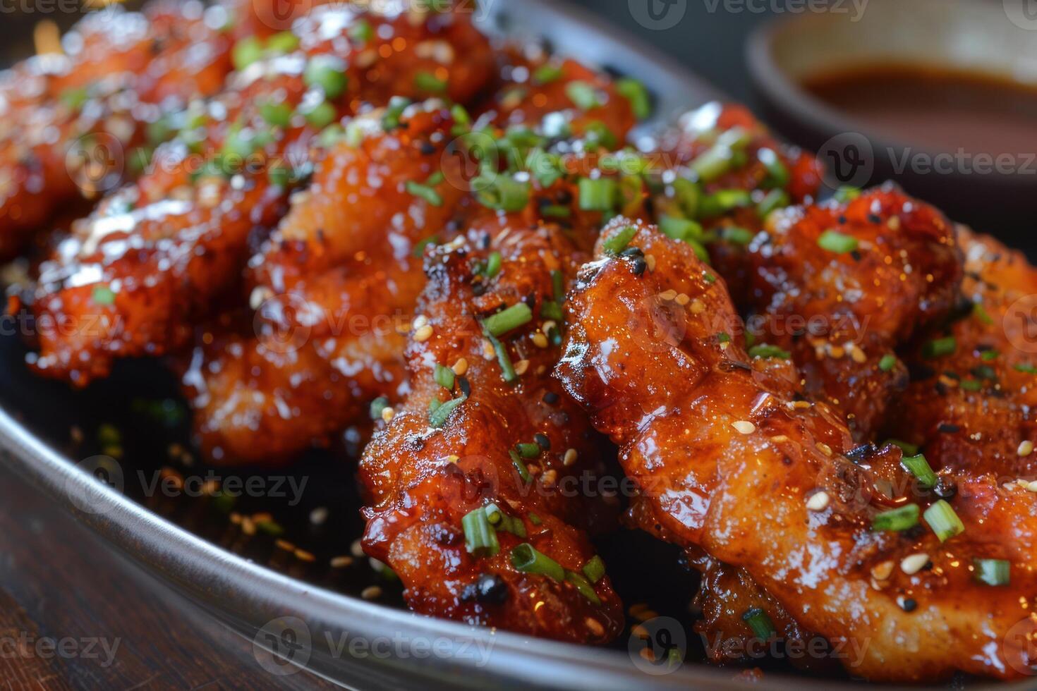 Spicy korean fried chicken with sesame seeds and green onions is served on a black plate photo