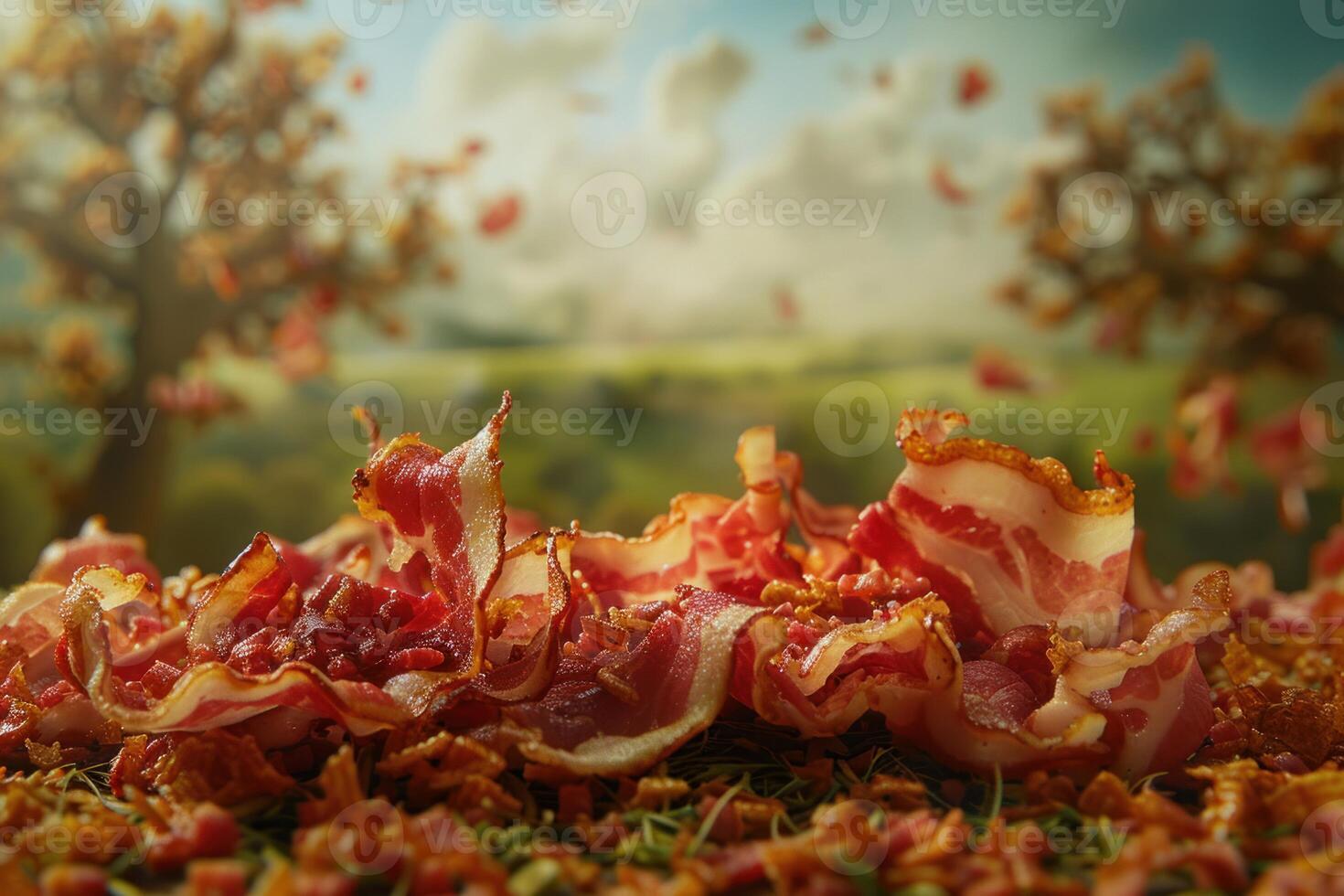 Delicious crispy bacon strips falling on the ground in a beautiful landscape photo