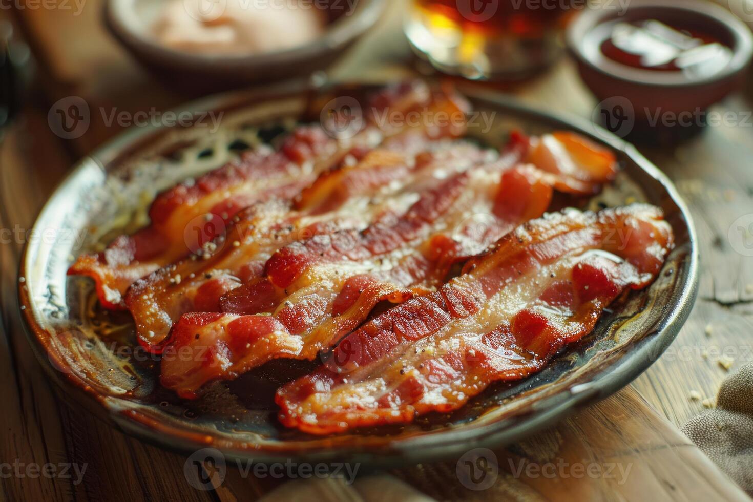 Delicious crispy bacon rashers on a plate for breakfast photo