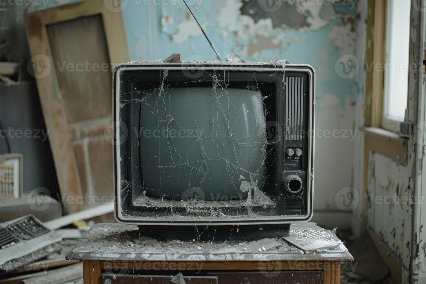 Old broken television set covered in dust and cobwebs in abandoned house photo