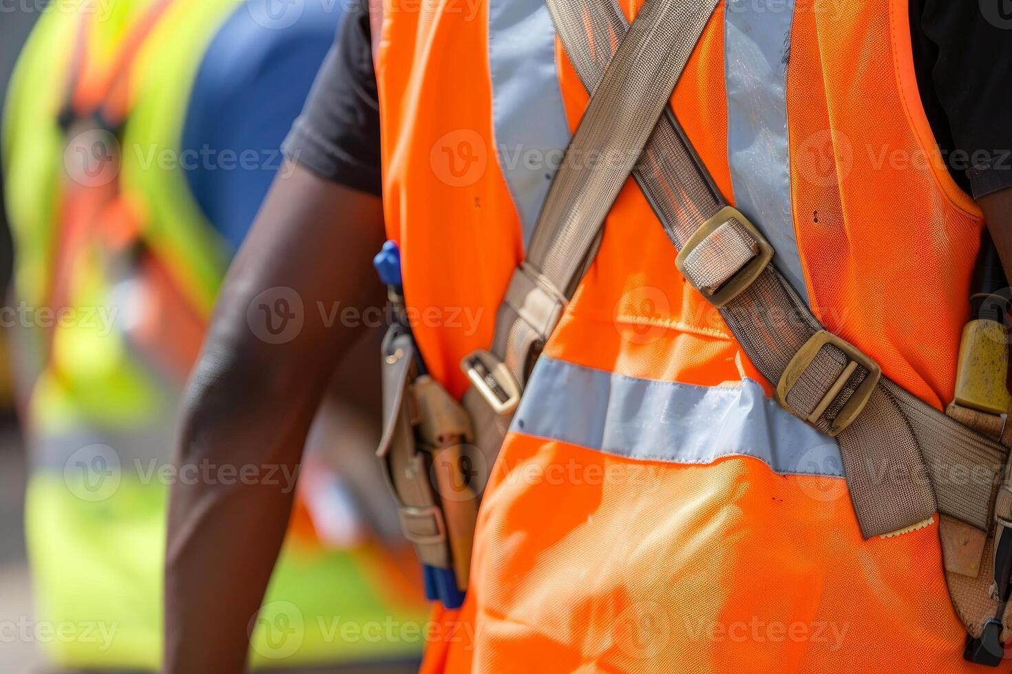 Construction worker wearing orange safety vest and harness on site photo