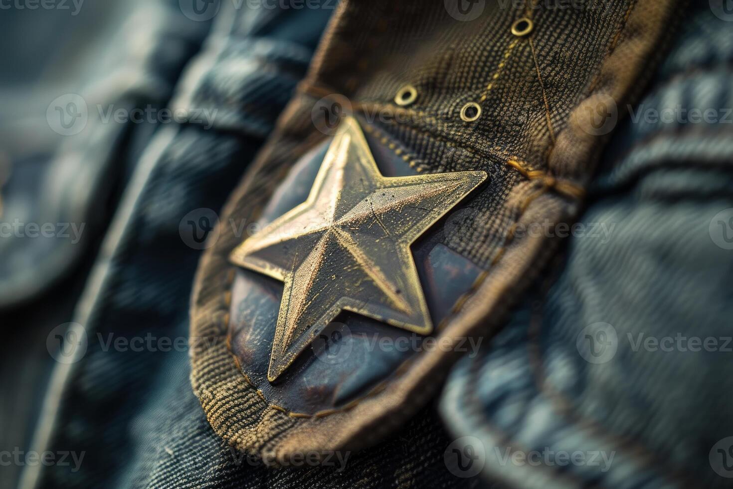 Close up of a sheriff star badge sewn on denim fabric photo
