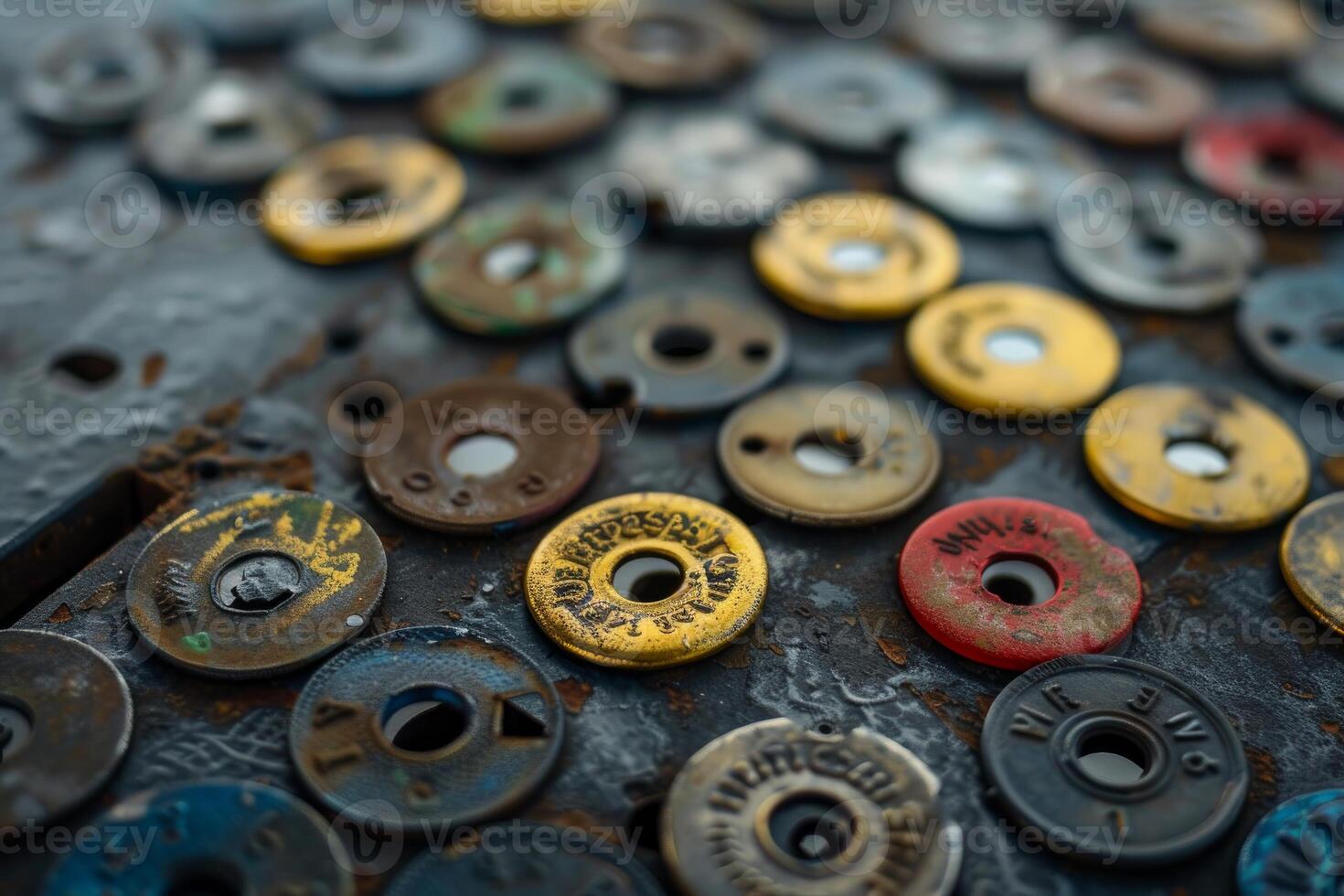 Old weathered rusty metal disks lying on metal surface photo