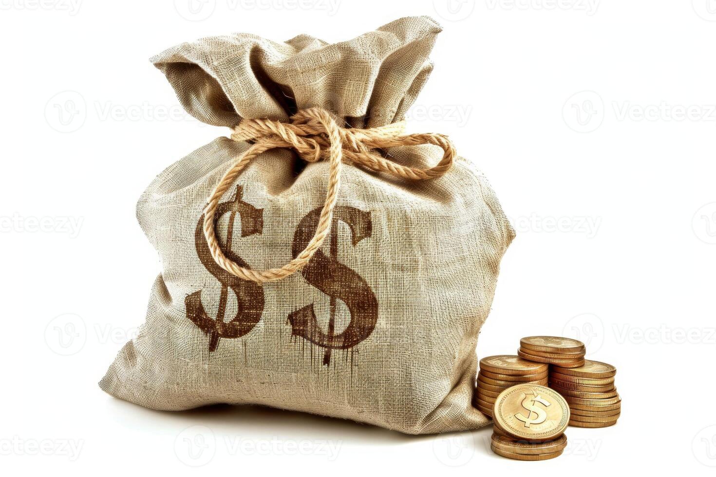 Full canvas money bag with dollar sign and stack of gold coins on white background photo