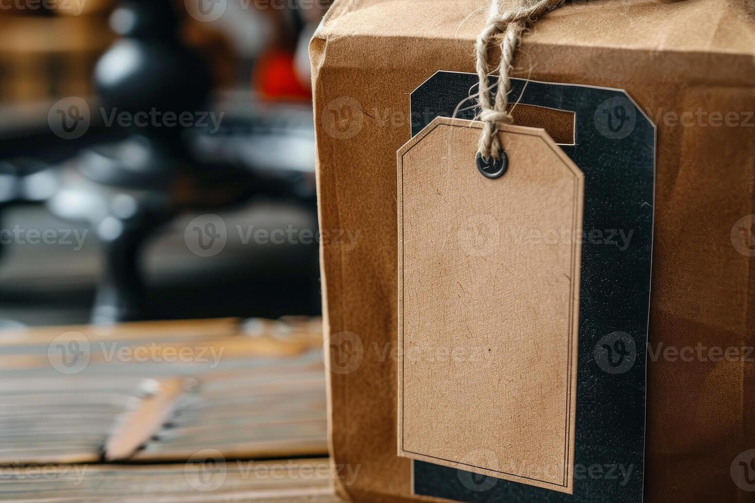 Brown paper package tied up with string with blank tag waiting for text photo