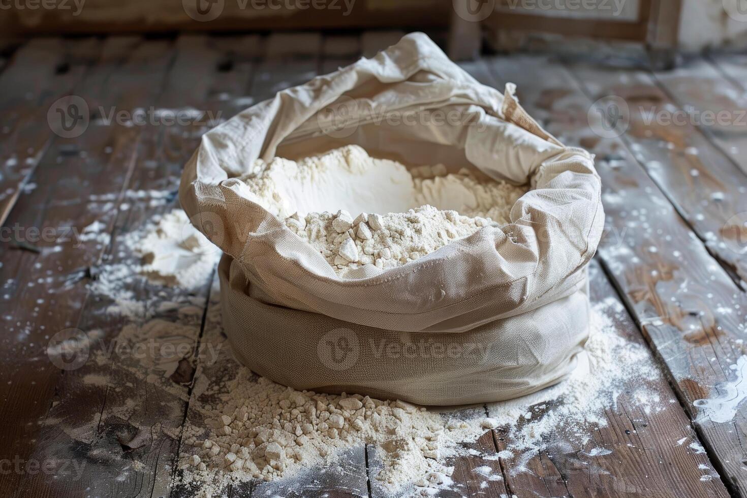 Open sack of flour resting on a wooden floor spilling its contents photo