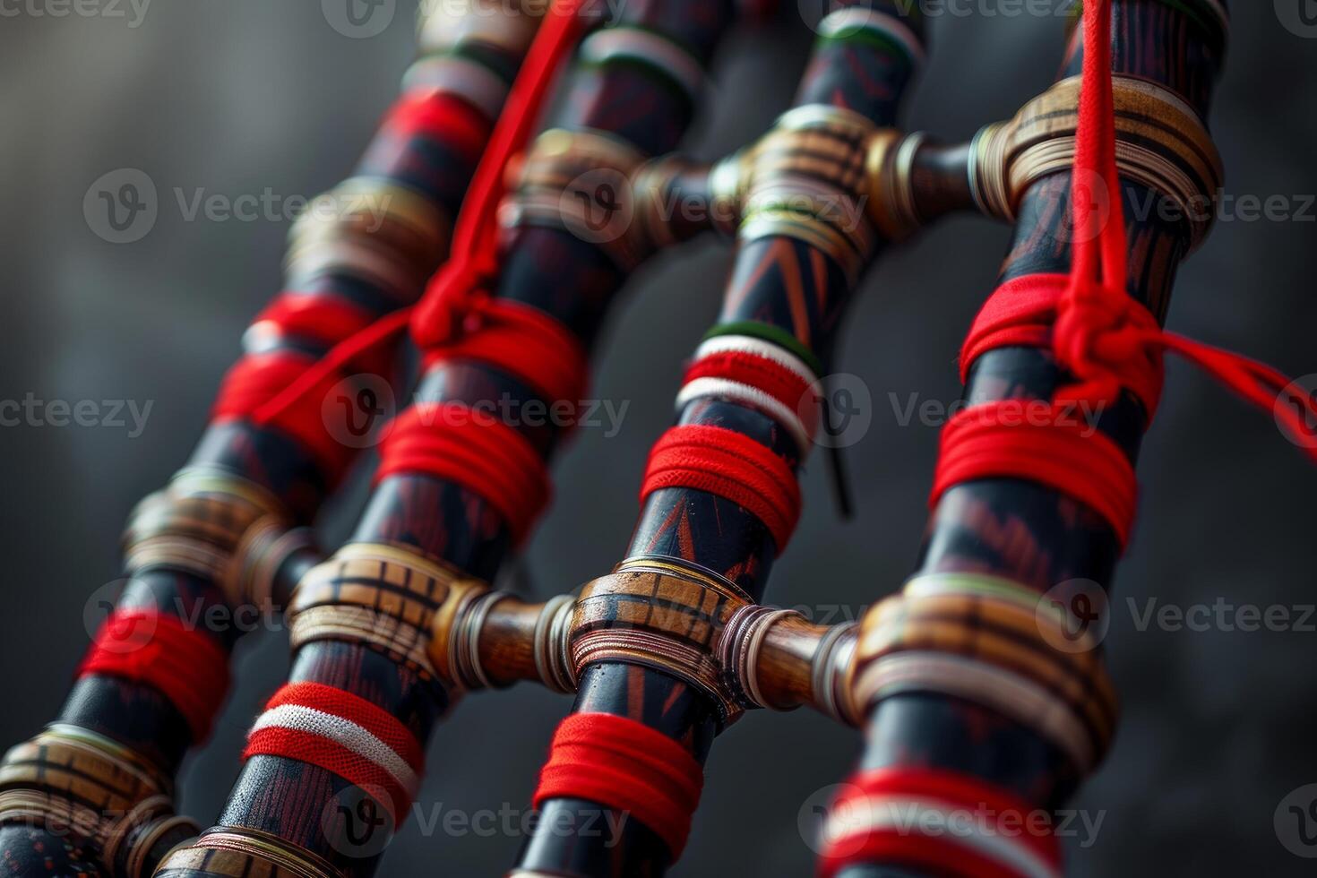 Traditional japanese bamboo flute showing intricate detail and red binding photo