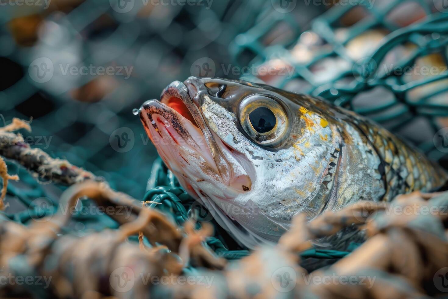 Freshly caught fish gasping for air in green net photo